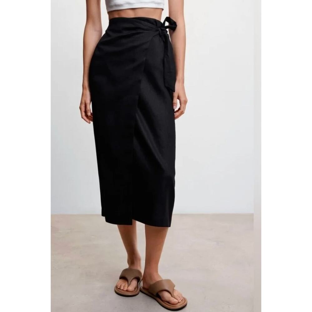 NWT MNG Linen Blend Wrap Midi Skirt Black Size Small